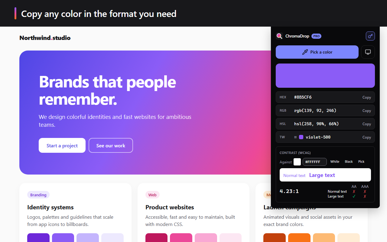 The ChromaDrop popup: the picked color as HEX, RGB, HSL and Tailwind, with its WCAG contrast