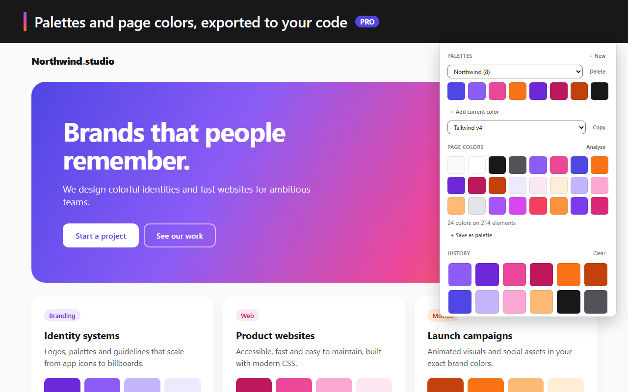 A palette, its Tailwind v4 export and the 24 colors found on the page