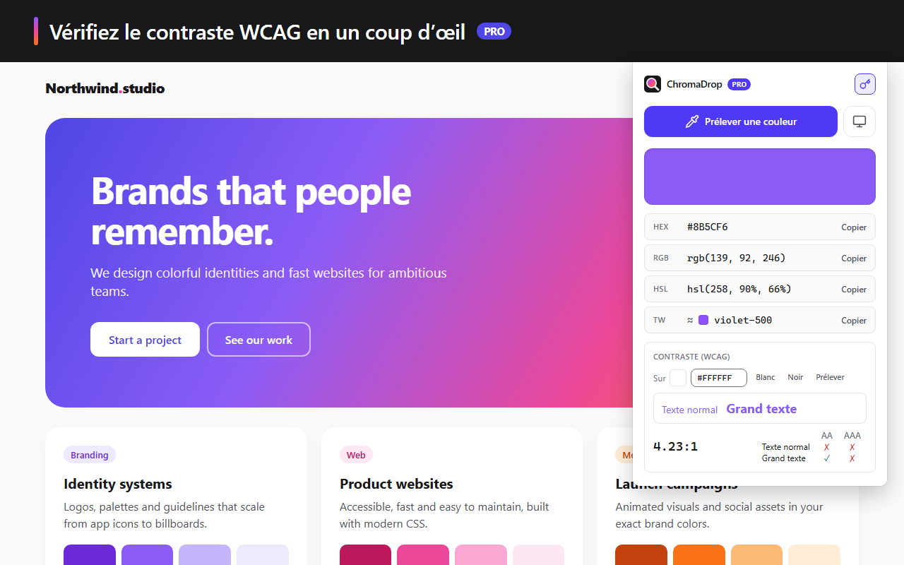 Le contraste WCAG de la couleur sur un fond blanc : ratio 4,23:1 et niveaux AA et AAA pour le texte normal et le grand texte