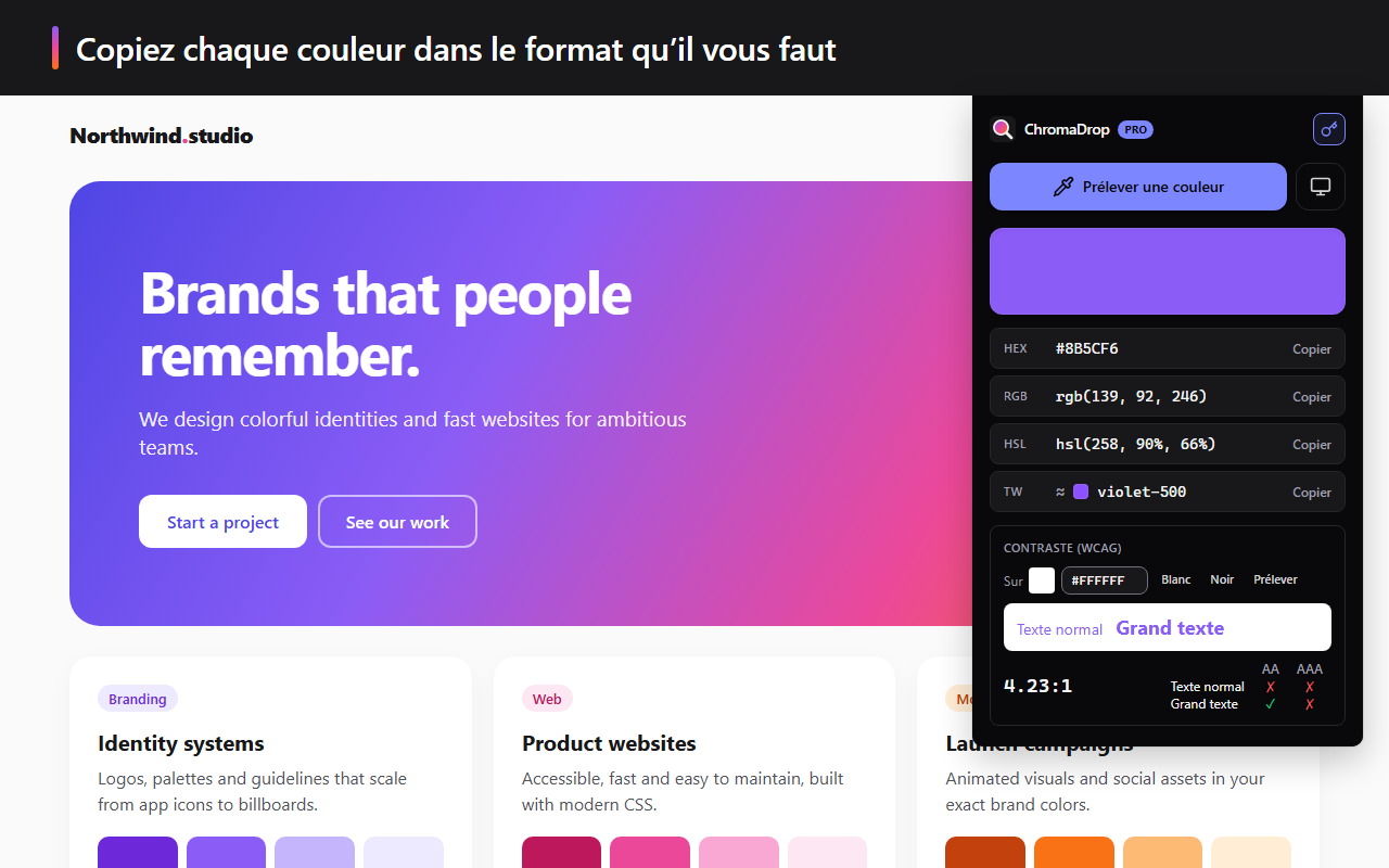 Le popup de ChromaDrop : la couleur prélevée en HEX, RGB, HSL et Tailwind, avec son contraste WCAG