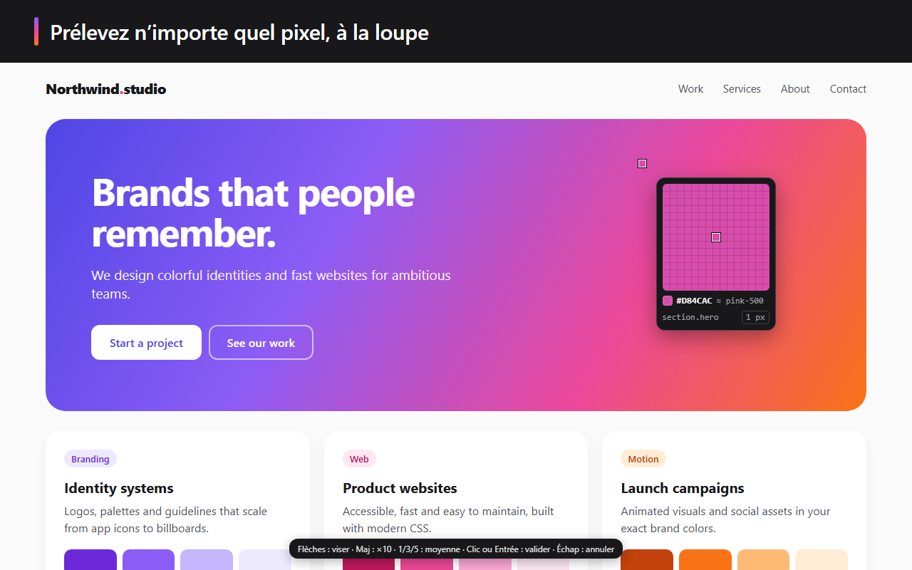 La loupe de ChromaDrop au-dessus d'une page, avec le code couleur, la couleur Tailwind la plus proche et l'élément visé