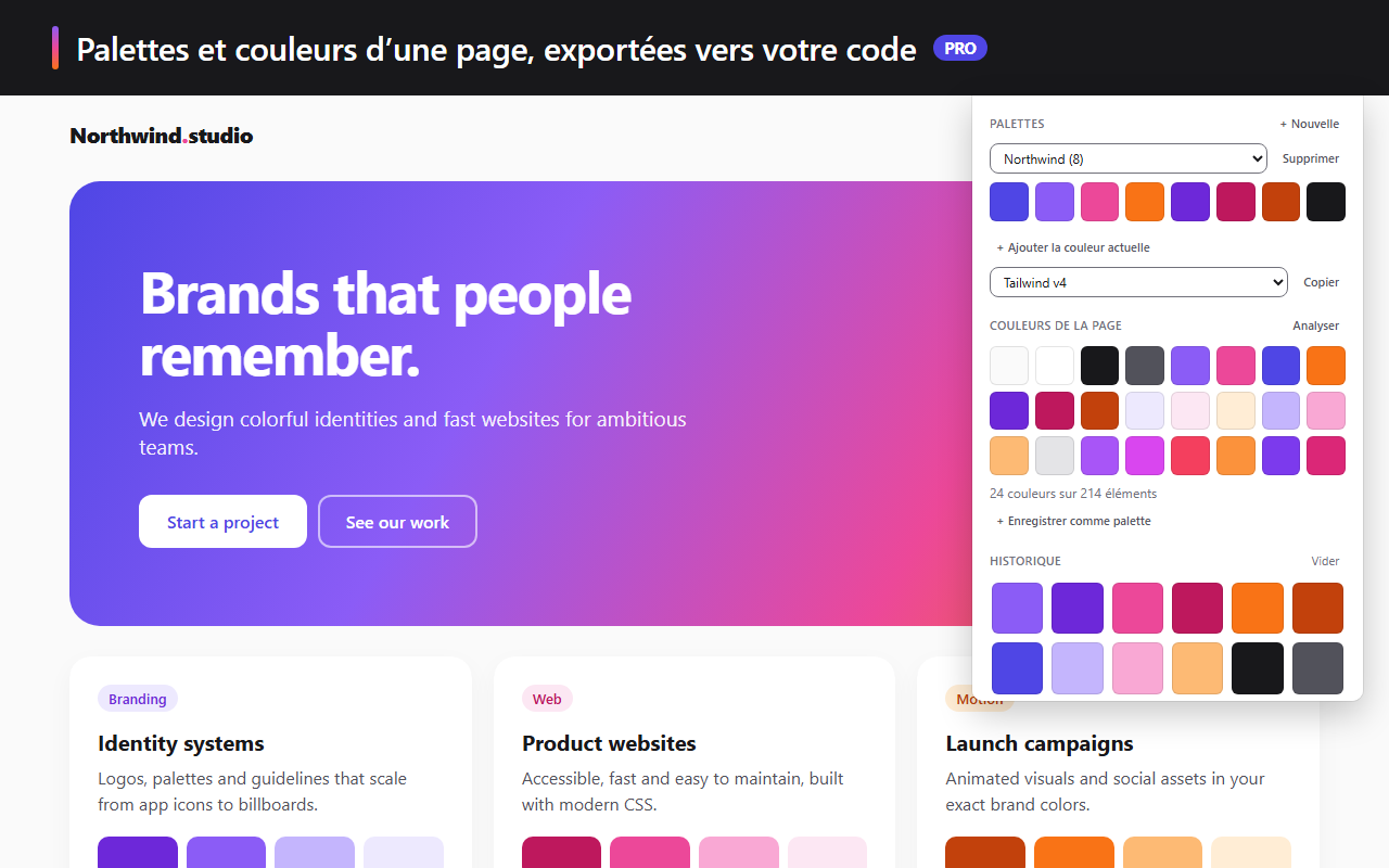 Une palette, son export Tailwind v4 et les 24 couleurs trouvées sur la page