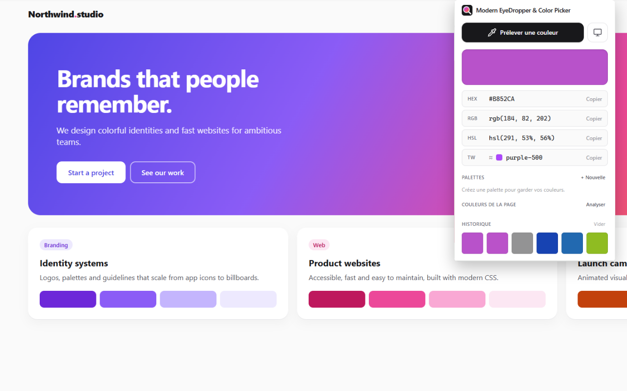 Le popup de l'extension avec la couleur prélevée en HEX, RGB, HSL et la couleur Tailwind la plus proche