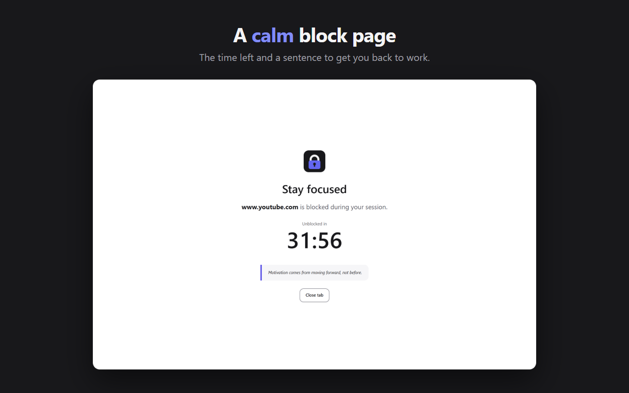 The Focalock block page: youtube.com is blocked, unblocked in 31 minutes 56
