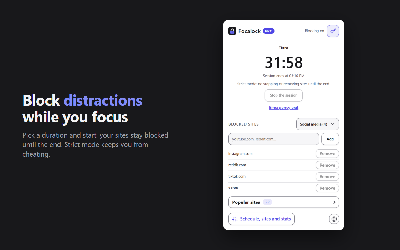 The Focalock popup during a session: countdown, strict mode and list of blocked sites