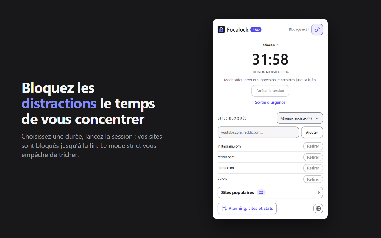 Le popup de Focalock pendant une session : compte à rebours, mode strict et liste des sites bloqués