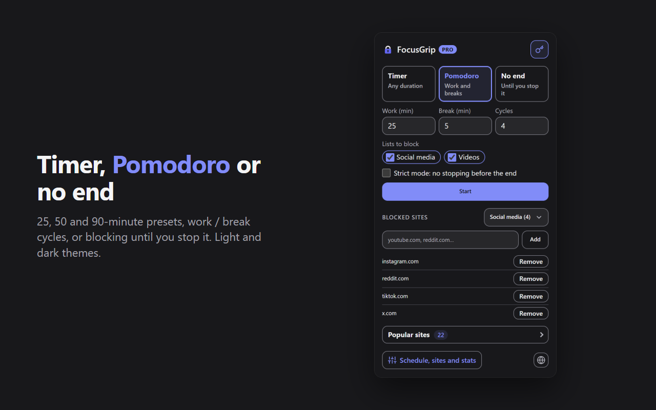 Choosing the mode in FocusGrip: Timer, Pomodoro with work and break durations, or Endless