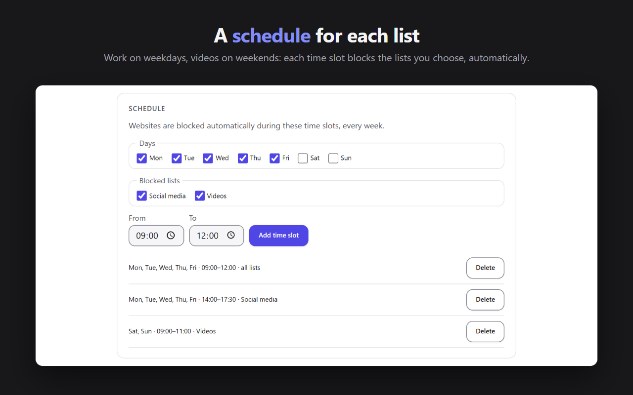 The FocusGrip schedule: days, blocked lists and recurring time slots