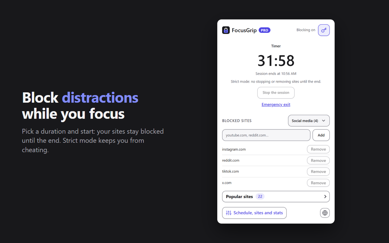 The FocusGrip popup during a session: countdown, strict mode and list of blocked sites