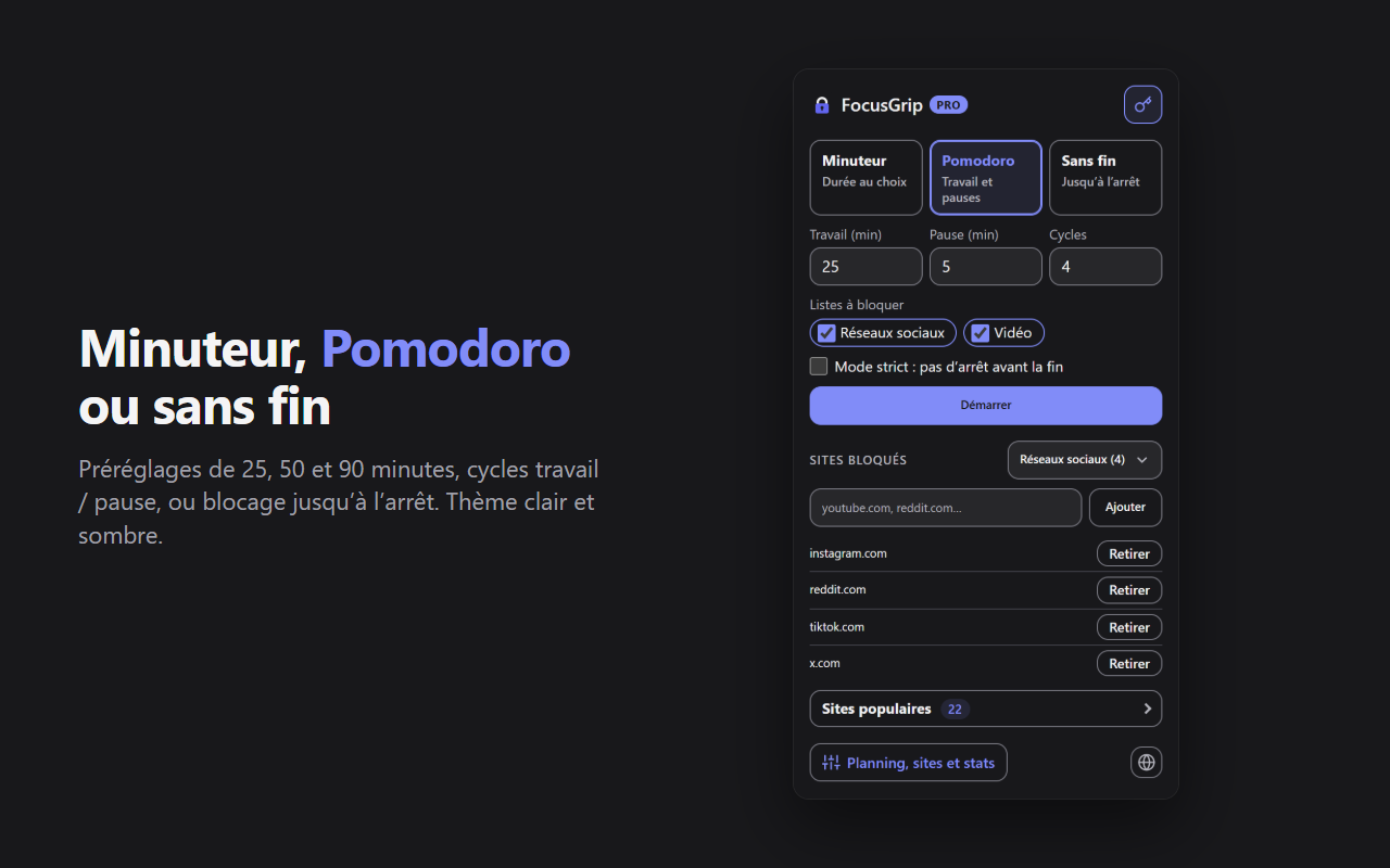 Le choix du mode dans FocusGrip : Minuteur, Pomodoro avec durées de travail et de pause, ou Sans fin