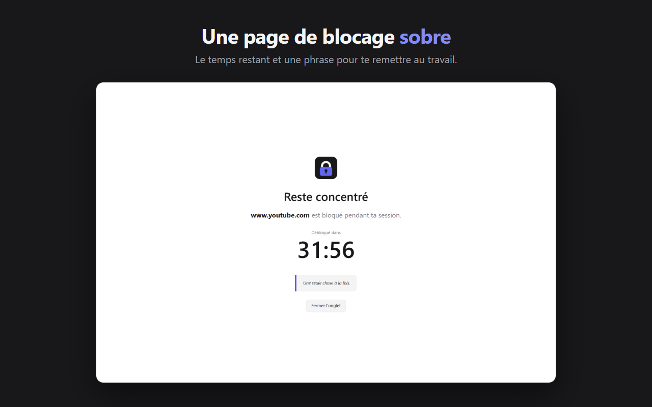 La page de blocage de FocusLock : youtube.com est bloqué, débloqué dans 31 minutes 56