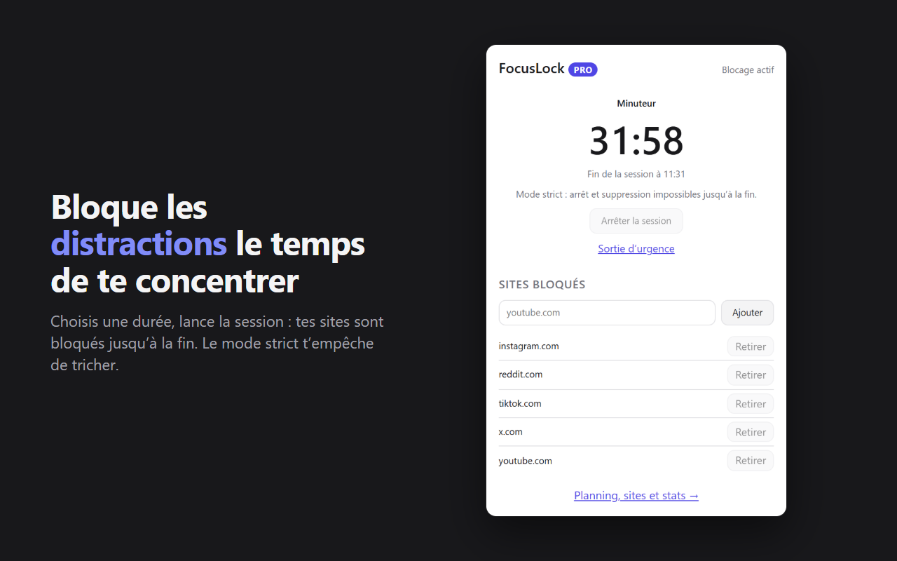 Le popup de FocusLock pendant une session : compte à rebours, mode strict et liste des sites bloqués