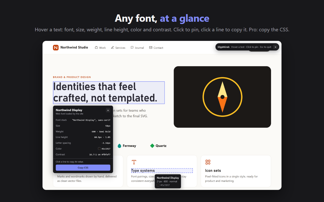 The GlyphGrab font inspector over a title: font, font stack, size, weight, line height, letter spacing, color and contrast