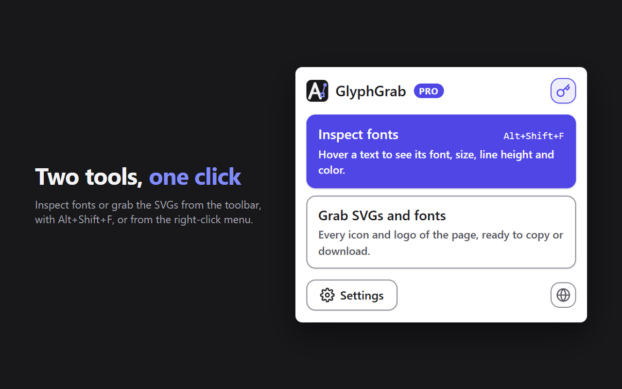 The GlyphGrab popup: inspect fonts (Alt+Shift+F) or grab the SVGs and fonts of the page