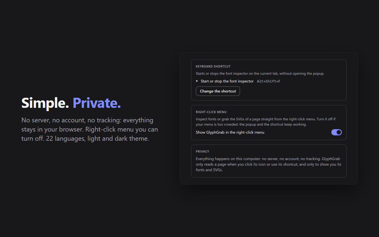 GlyphGrab settings: keyboard shortcut, right-click menu that can be turned off, and privacy