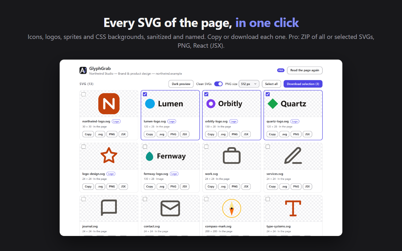 The SVGs of a page in GlyphGrab: logos and icons with their size and source, ready to copy or download