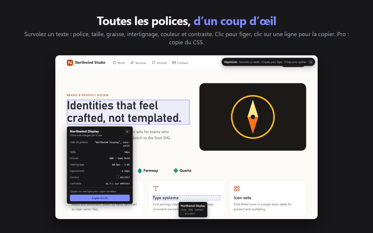 L'inspecteur de polices de GlyphGrab au-dessus d'un titre : police, liste de polices, taille, graisse, interlignage, espacement, couleur et contraste