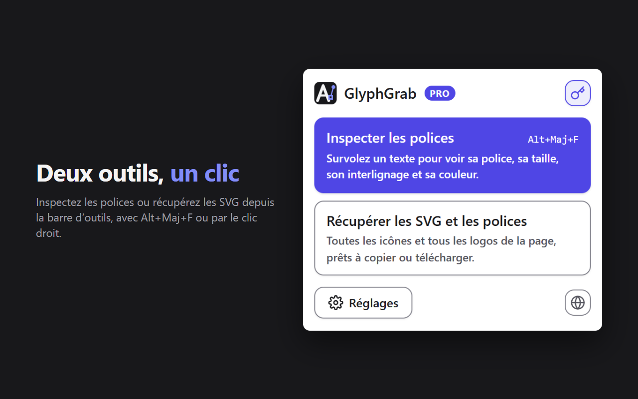Le popup de GlyphGrab : inspecter les polices (Alt+Maj+F) ou récupérer les SVG et les polices de la page