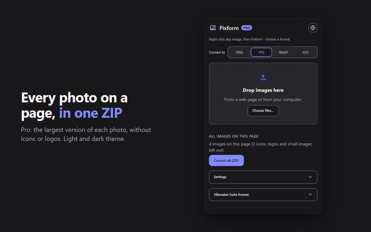 The Pixform panel in dark theme: every image of the page to convert into one ZIP