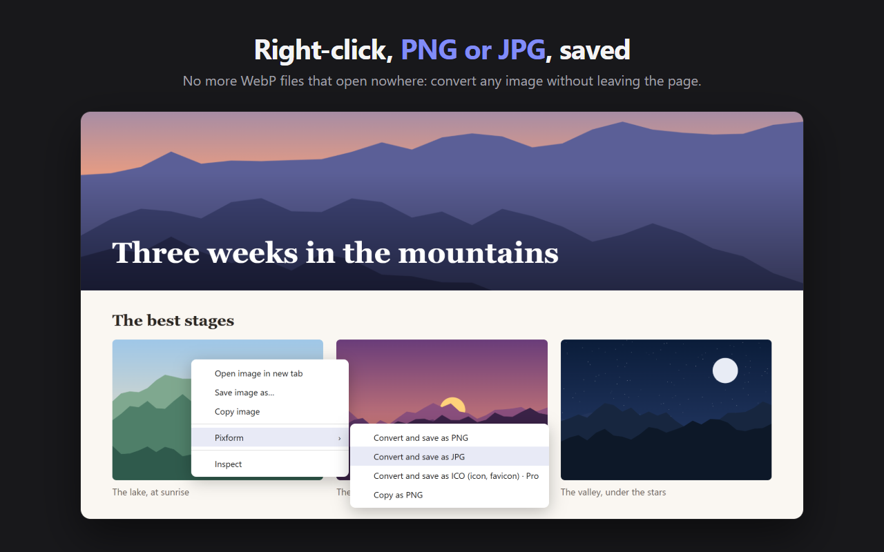 The right-click menu on an image: Pixform offers to convert and save it as PNG, JPG or ICO, or to copy it as PNG
