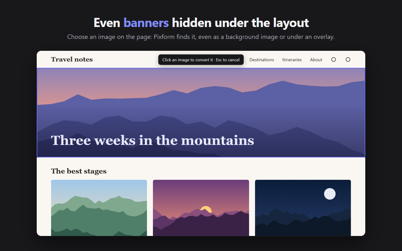 A blog page whose banner is a background image, which Pixform finds with “Choose an image on the page”