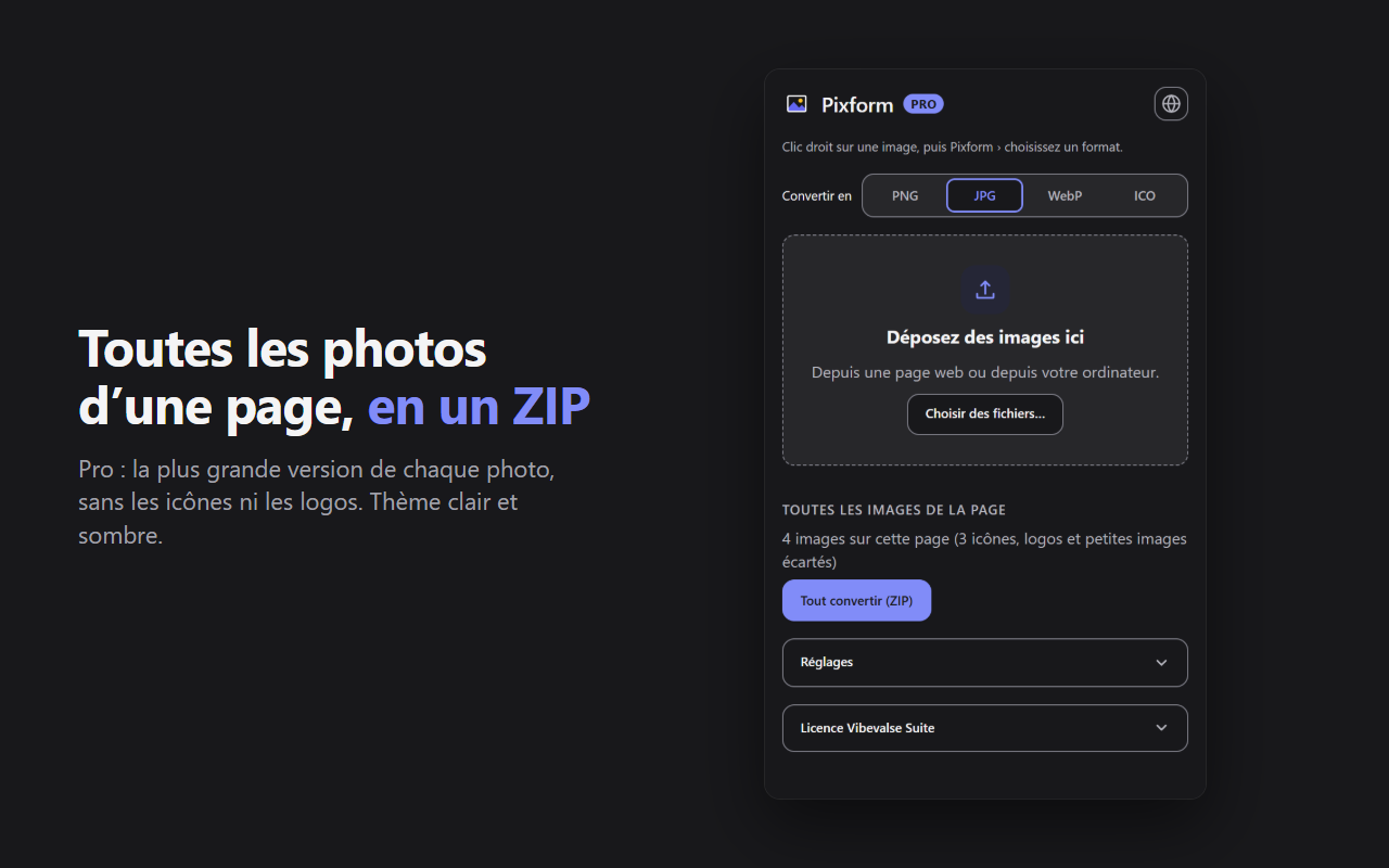 Le panneau de Pixform en thème sombre : toutes les images de la page à convertir en un ZIP