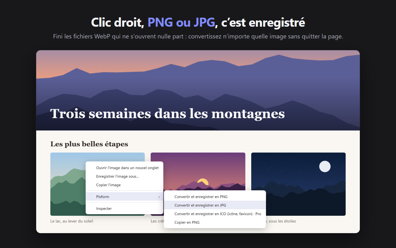 Le clic droit sur une image : Pixform propose de la convertir et l'enregistrer en PNG, JPG ou ICO, ou de la copier en PNG