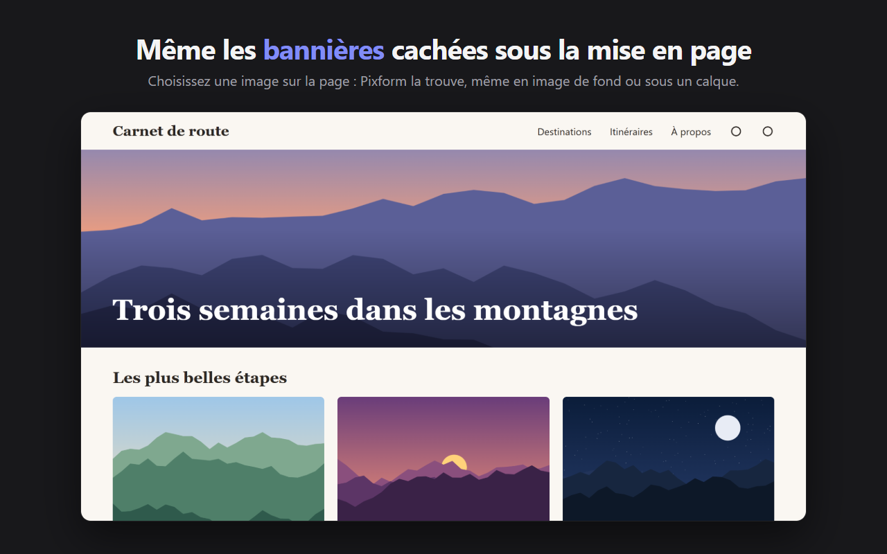Une page de blog dont la bannière est une image de fond, que Pixform retrouve avec « Choisir une image sur la page »