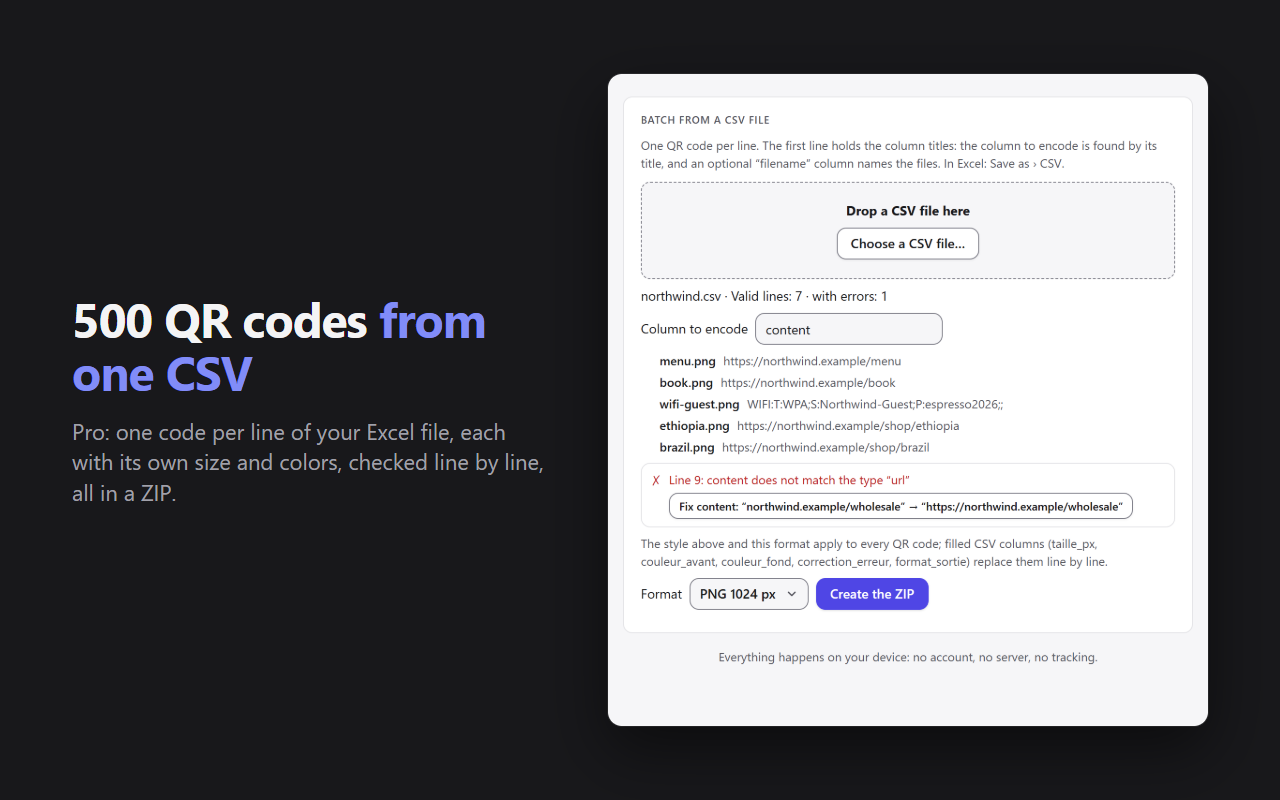 Batch from a CSV file: one line per QR code, with an error found and its suggested fix