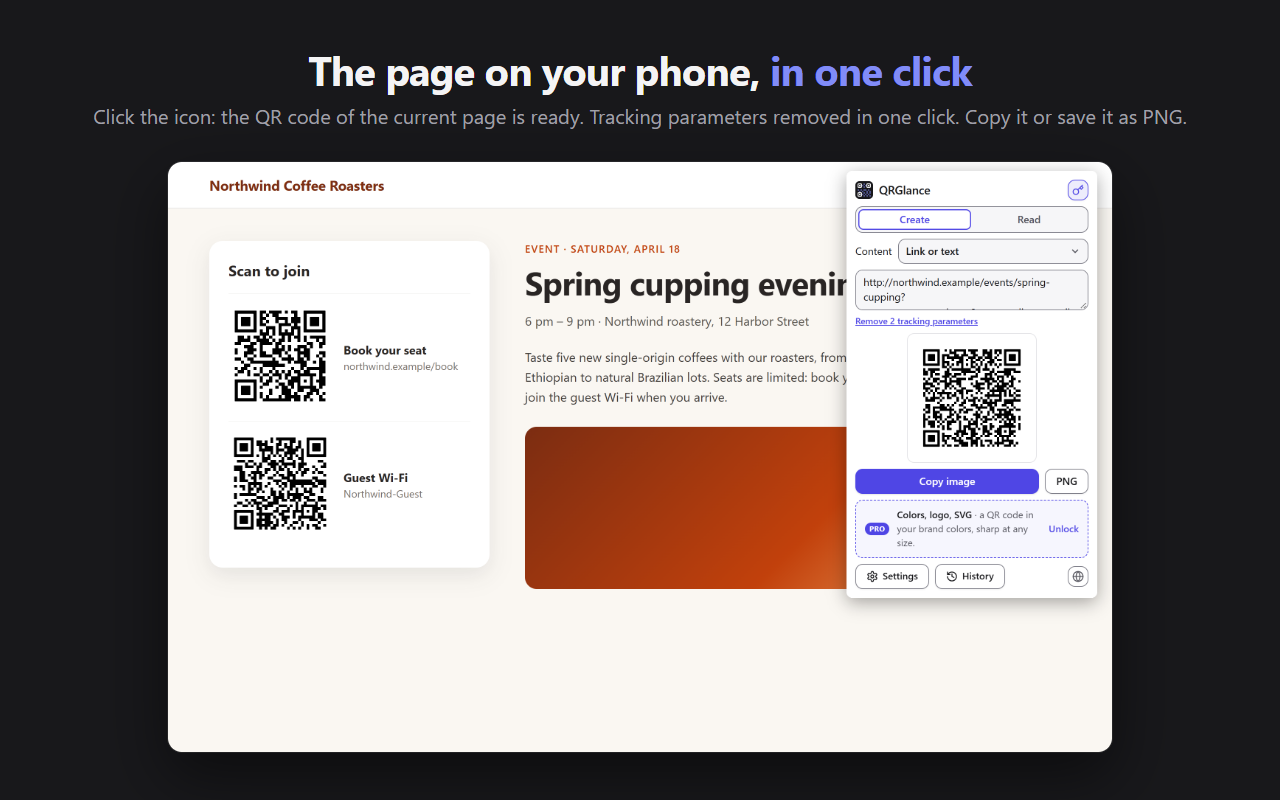 The QRGlance popup over an event page: the QR code of the page, ready to copy or save as PNG