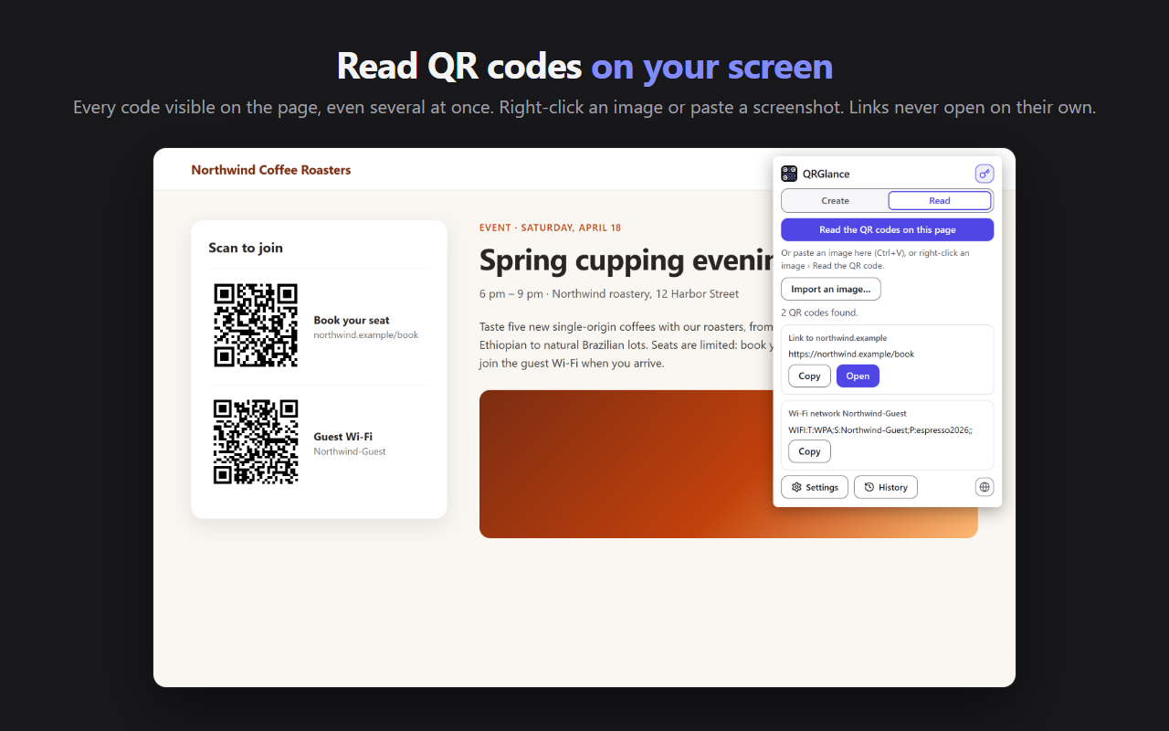 QRGlance reads the two QR codes of a page: a booking link and a Wi-Fi network