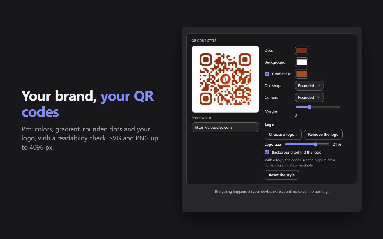 QR code style in Pro: colors, gradient, rounded dots and corners, logo in the center