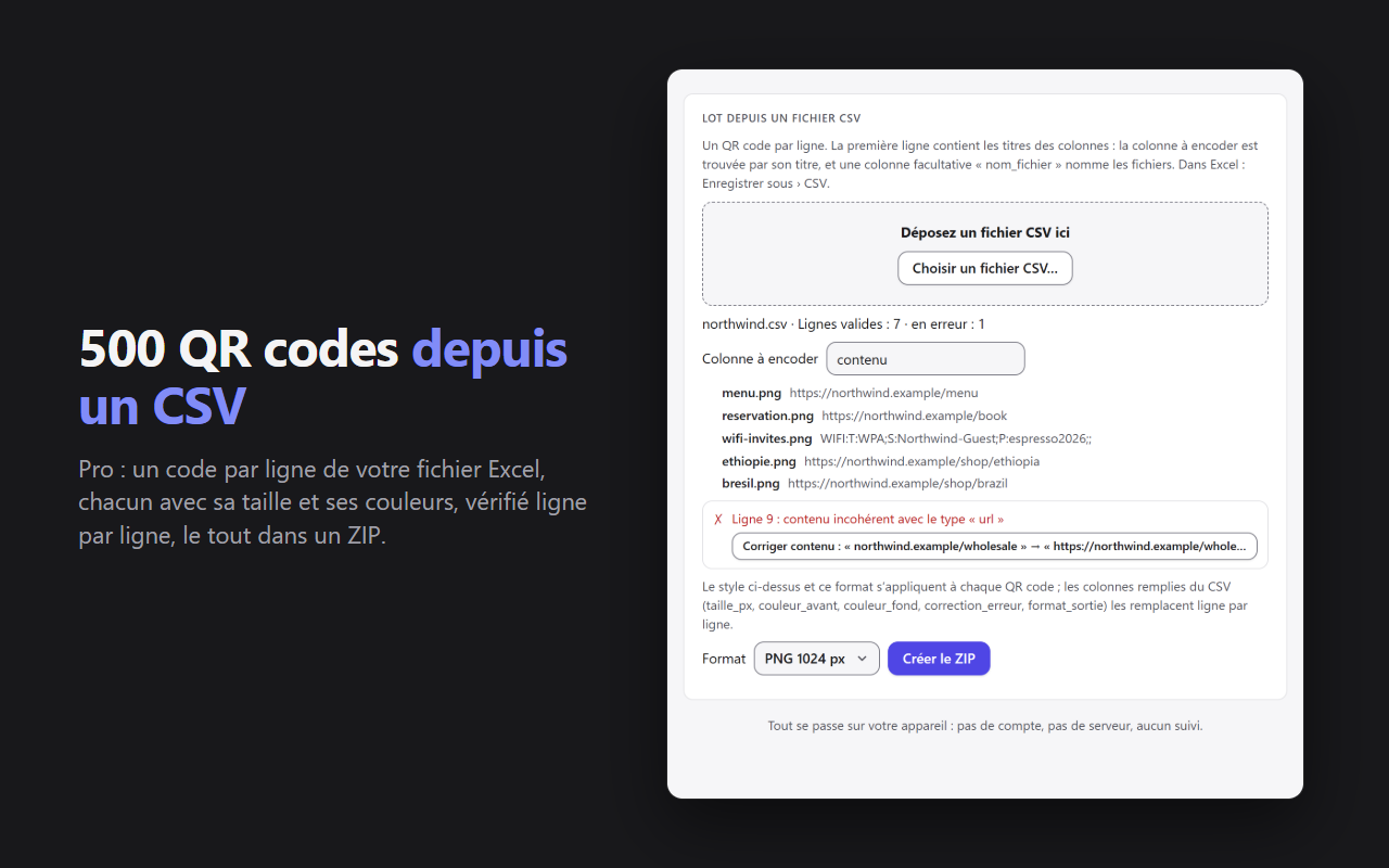 Le lot depuis un fichier CSV : une ligne par QR code, avec une erreur repérée et sa correction proposée