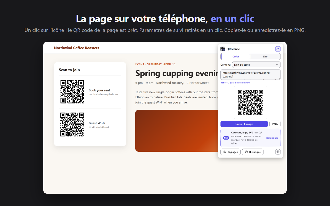 Le popup de QRGlance au-dessus d'une page d'événement : le QR code de la page, prêt à copier ou à enregistrer en PNG