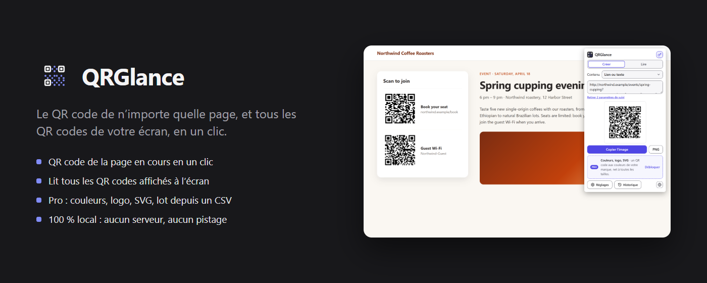QRGlance : le QR code de n'importe quelle page, et tous les QR codes de votre écran, en un clic
