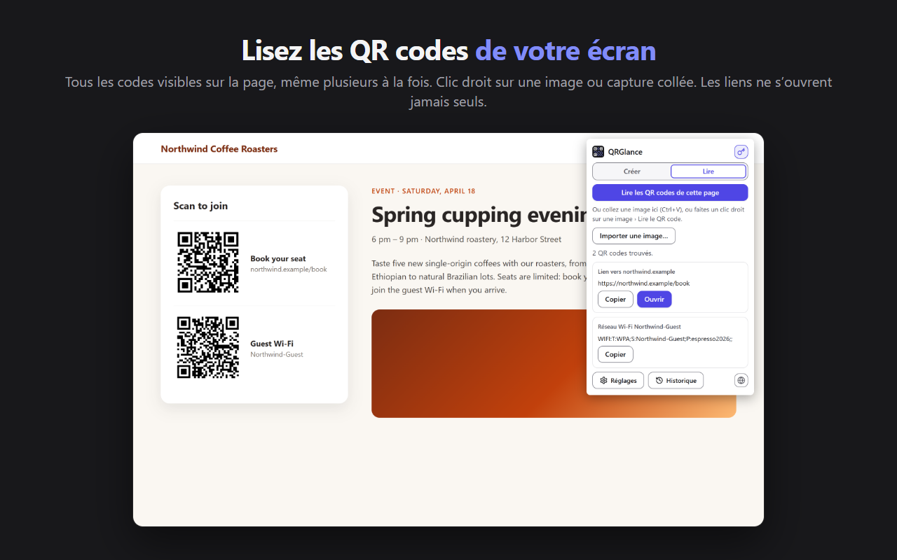 QRGlance lit les deux QR codes d'une page : un lien de réservation et un réseau Wi-Fi