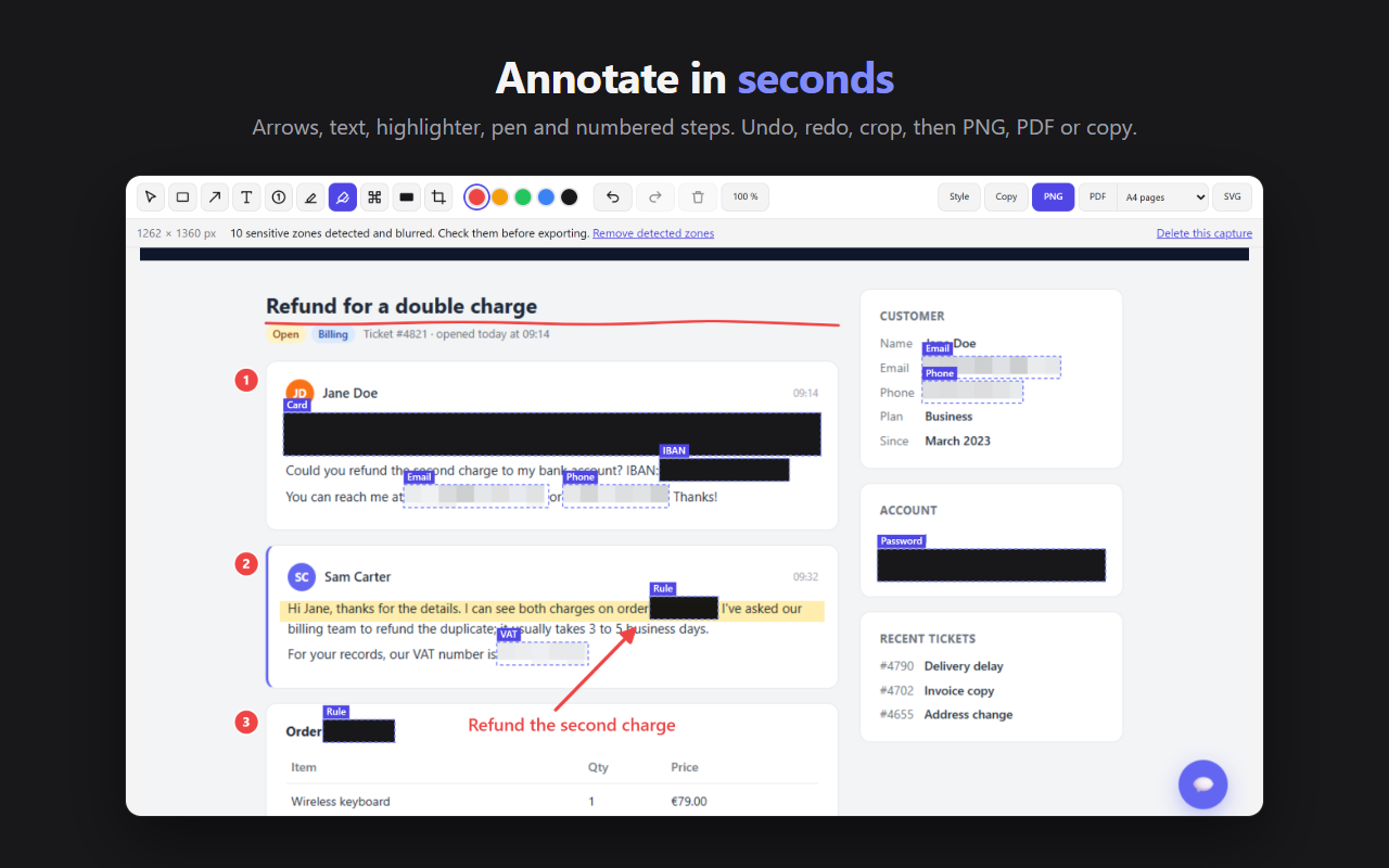 An annotated screenshot: numbered steps, arrow, text, highlight and pen stroke