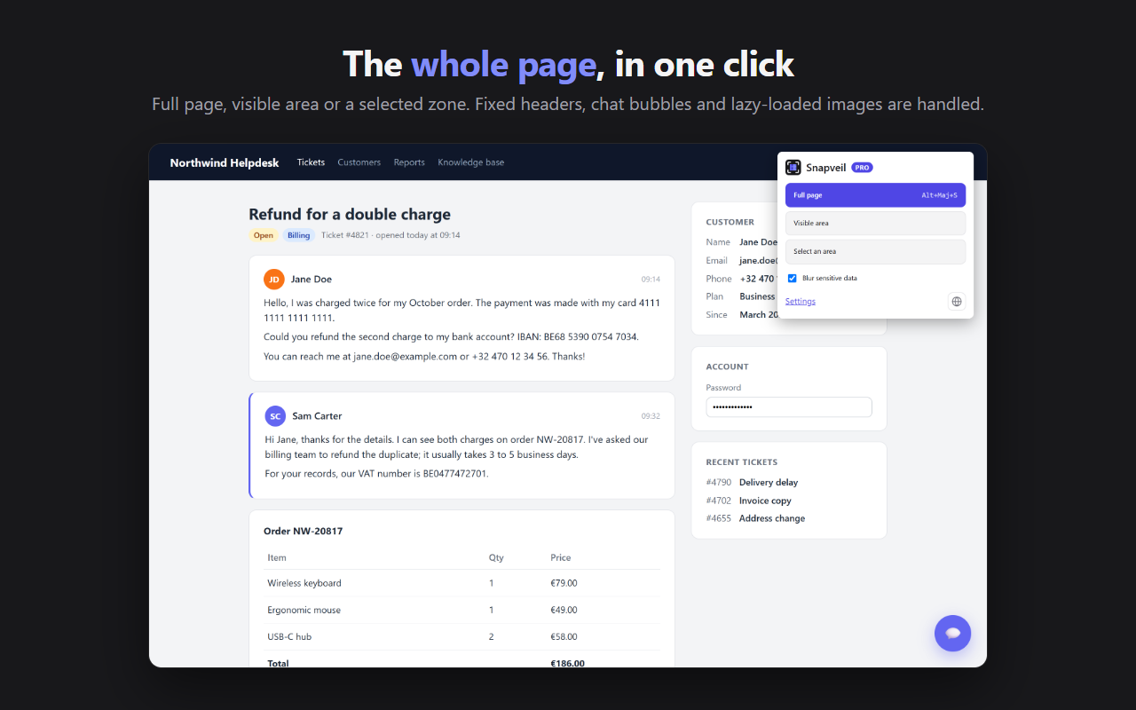 The Snapveil popup over a support page: full page, visible area, select an area and blur sensitive data