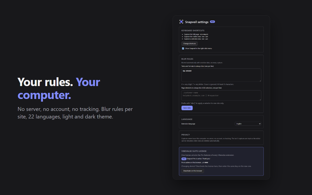 Snapveil settings in dark theme: shortcuts, blur rules, language, privacy and license