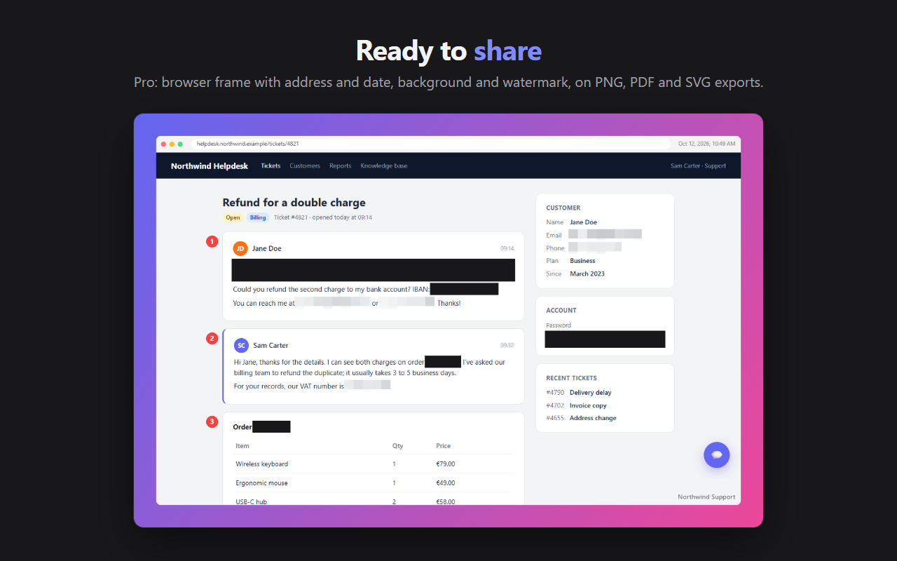 A styled export: browser frame with the address and date, gradient background and watermark