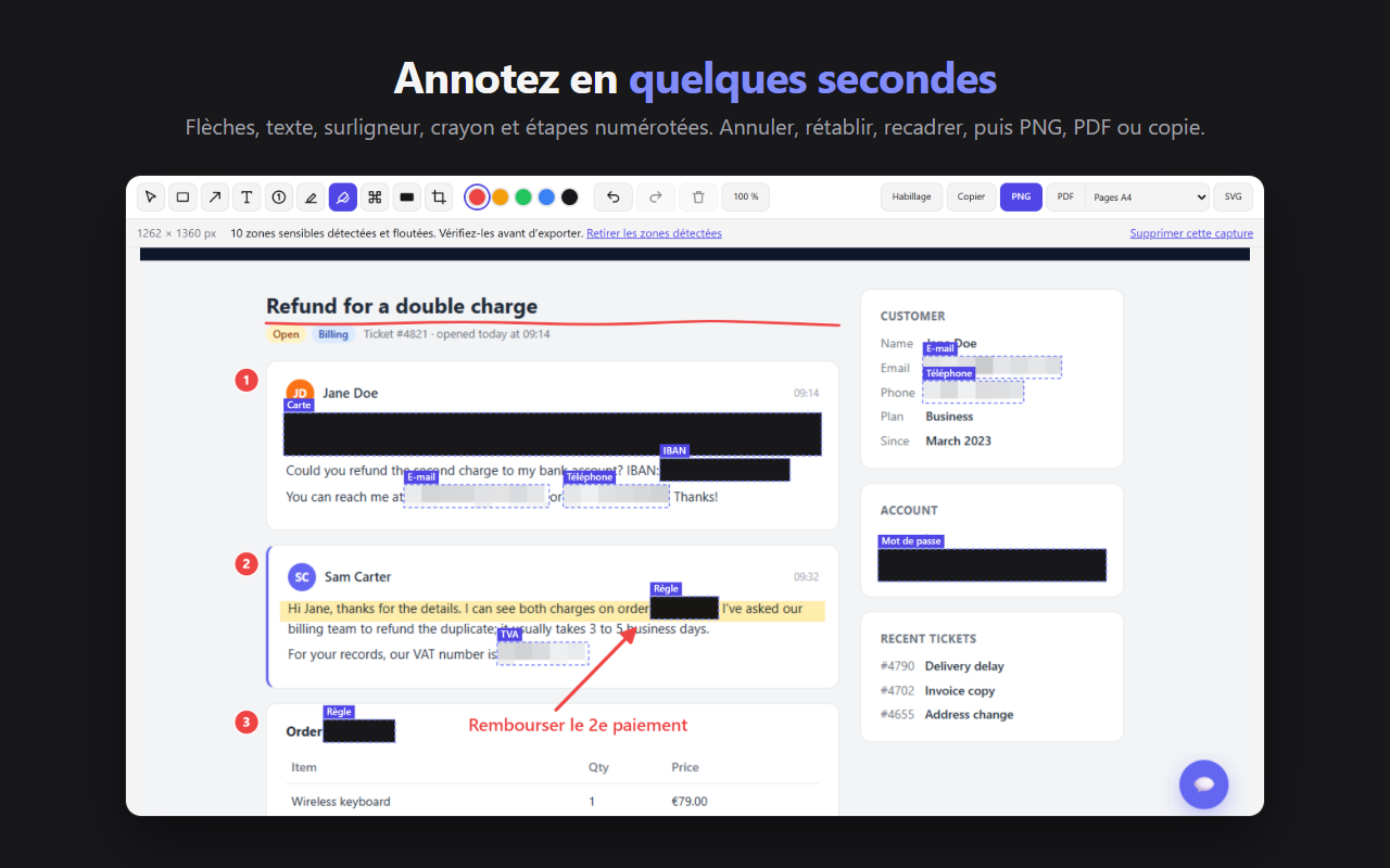 Une capture annotée : étapes numérotées, flèche, texte, surlignage et trait de crayon
