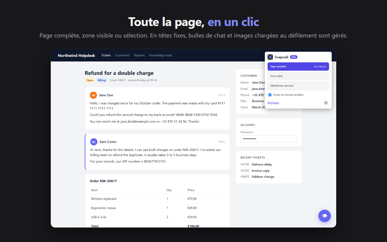 Le popup de Snapveil au-dessus d'une page de support : page complète, zone visible, sélection d'une zone et floutage des données sensibles