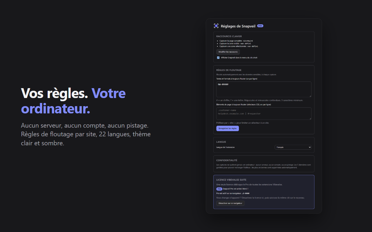 Les réglages de Snapveil en thème sombre : raccourcis, règles de floutage, langue, confidentialité et licence