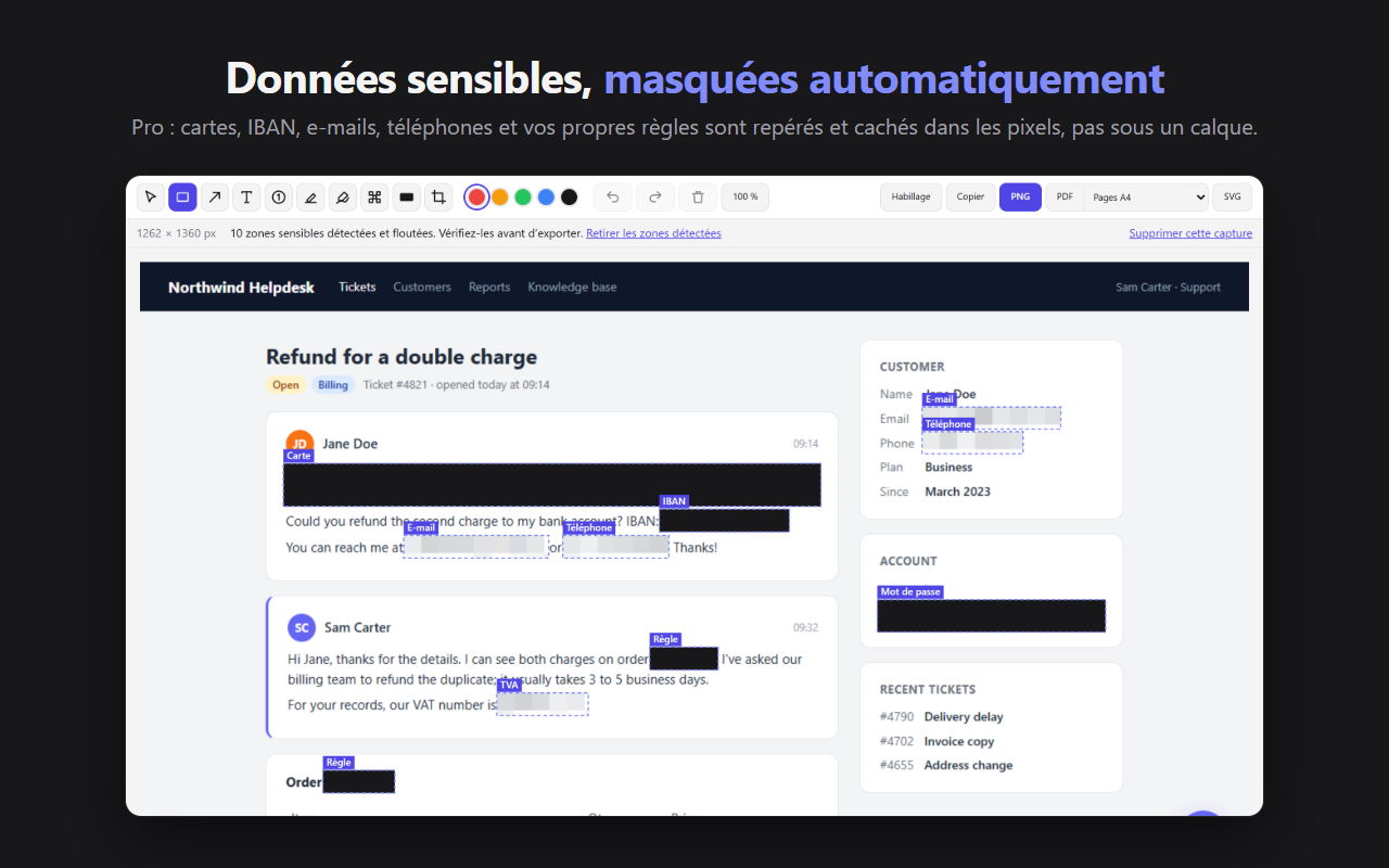 L'éditeur de Snapveil : carte, IBAN, e-mails, téléphones, TVA et mot de passe repérés et cachés, chaque zone avec son étiquette