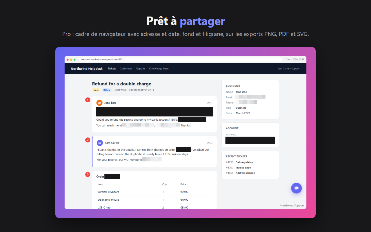 Un export habillé : cadre de navigateur avec l'adresse et la date, fond en dégradé et filigrane