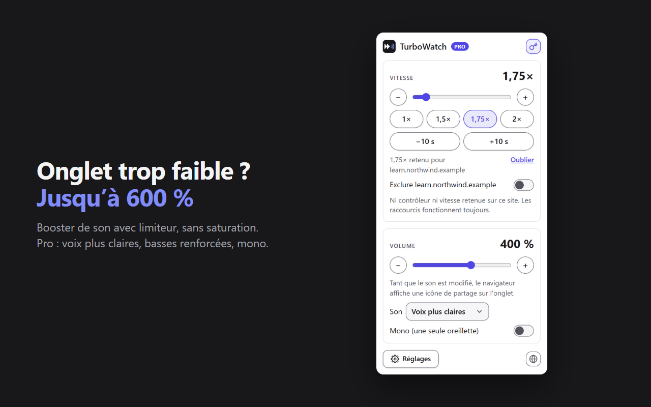 Le popup de TurboWatch avec le volume à 400 % et le son « Voix plus claires »